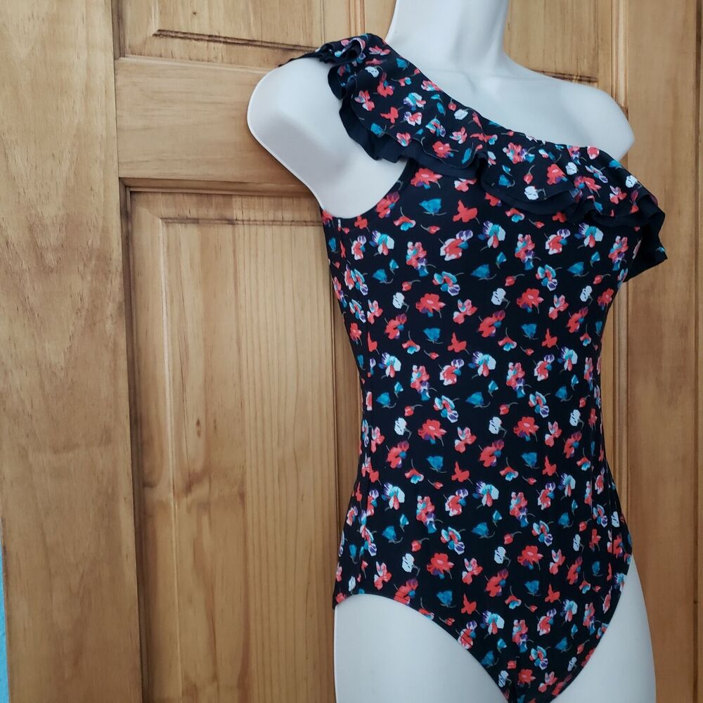 DKNY One Piece Shoulder Swimsuit Size 6 Black Floral Orchids Ruffle Top Swimwear